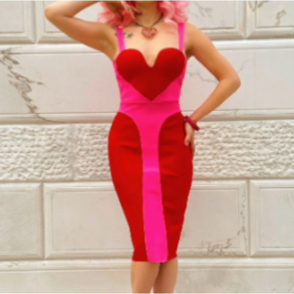 Red and Pink Sleeveless Sweetheart Bodycon Midi Dress
